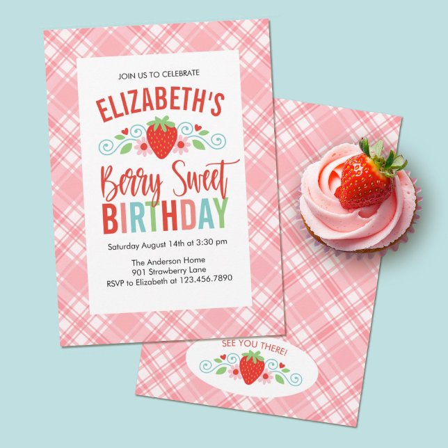 Invitation Cute simple Berry Rouge doux Anniversaire (A pink strawberry "Berry Sweet" girls first birthday party invitation)