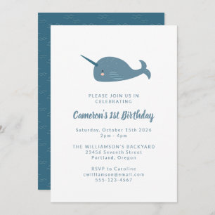 Invitation Cute Simple Narwhal Océan Bleu 1er anniversaire fê
