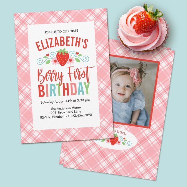 Invitation Cute Simple Red Berry Sweet Photo Anniversaire (A cute Berry First Birthday party photo invitation)