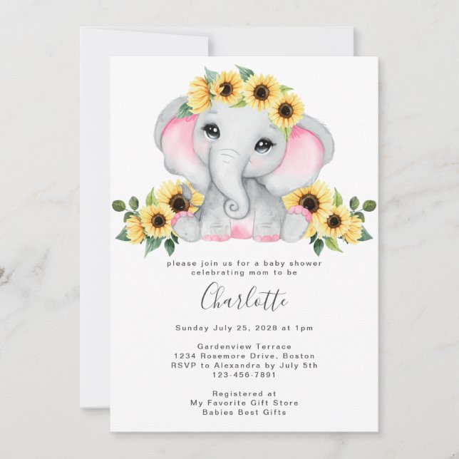 Invitation Cute Simple Sunflower Elephant Baby Girl Douche (Devant)