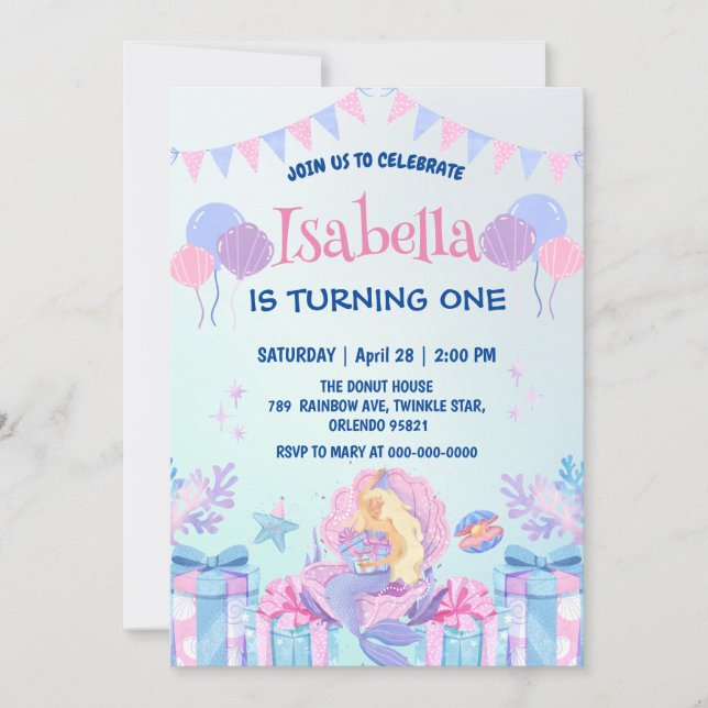 Invitation Cute Sirène Arc-en-ciel Aquarelle fête d'anniversa (Devant)