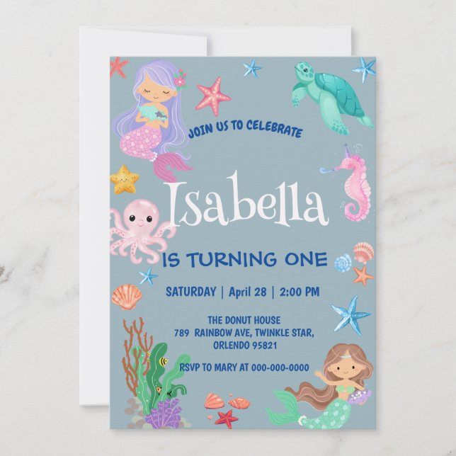 Invitation Cute Sirène Arc-en-ciel Aquarelle fête d'anniversa (Devant)