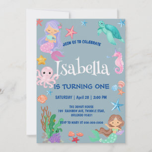 Invitation Cute Sirène Arc-en-ciel Aquarelle fête d'anniversa