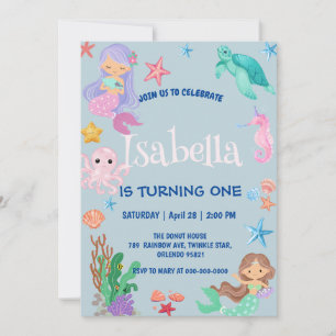 Invitation Cute Sirène Arc-en-ciel Aquarelle fête d'anniversa