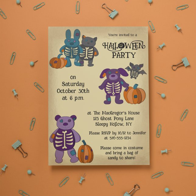 Invitation Cute Skeleton Animaux et fête d'Halloween Citrouil (Créateur téléchargé)
