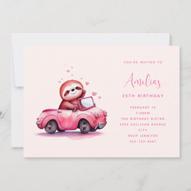 Invitation Cute Sloth in a Pink Convertible  Birthday (Devant)