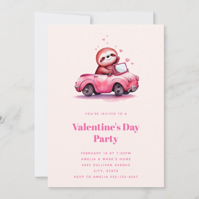 Invitation Cute Sloth in a Pink Convertible Valentine's Day (Devant)