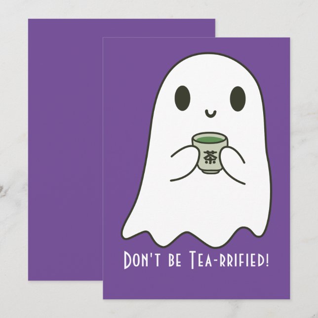 Invitation Cute Smiling Ghost & Japonais Tea Kanji Blank (Devant / Derrière)
