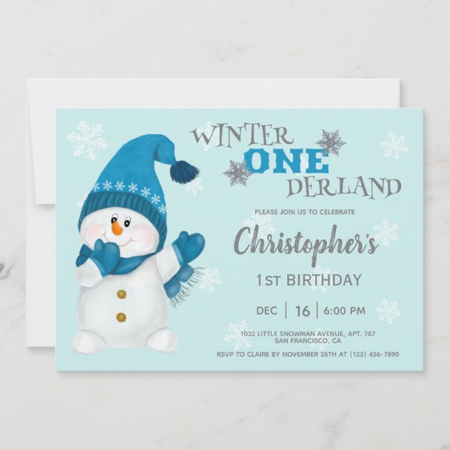 Invitation Cute Snowman Winter Onederland 1ère fête d'anniver (Devant)