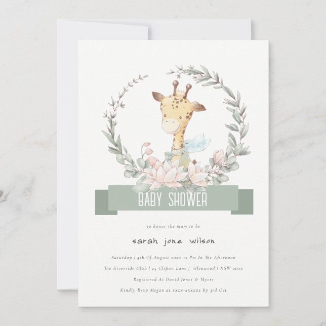 Invitation Cute Soft Safari Giraffe Baby shower fleuri de cou (Devant)