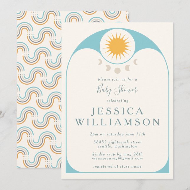 Invitation Cute Star Céleste et Lune en Baby shower Bleu (Devant / Derrière)