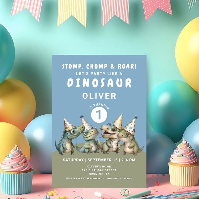 Invitation Cute Stomp Chomp & Roar Dinosaur 1er anniversaire (Cute Stomp Chomp & Roar Dinosaur 1rst Birthday Invitation)