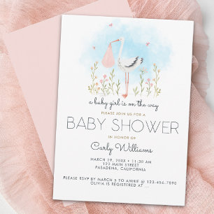 Invitation Cute Stork Baby shower fille bébé