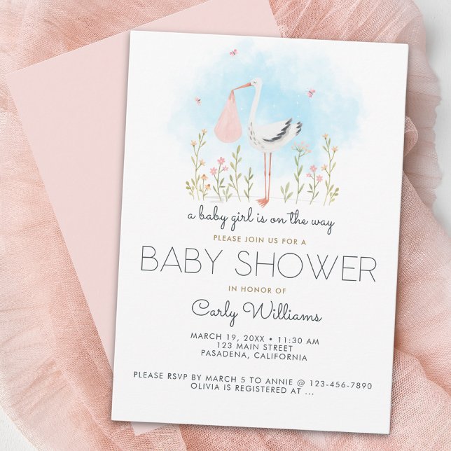 Invitation Cute Stork Baby shower fille bébé (Créateur téléchargé)