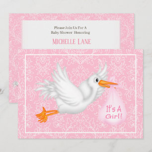 Invitation Cute Stork C'est une fille rose Baby shower Invita