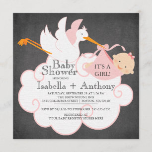 Invitation Cute Stork Chalkboard Gir Baby Douche