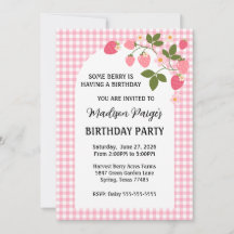 Cute Strawberry Pink Gingham Girls Birthday 
