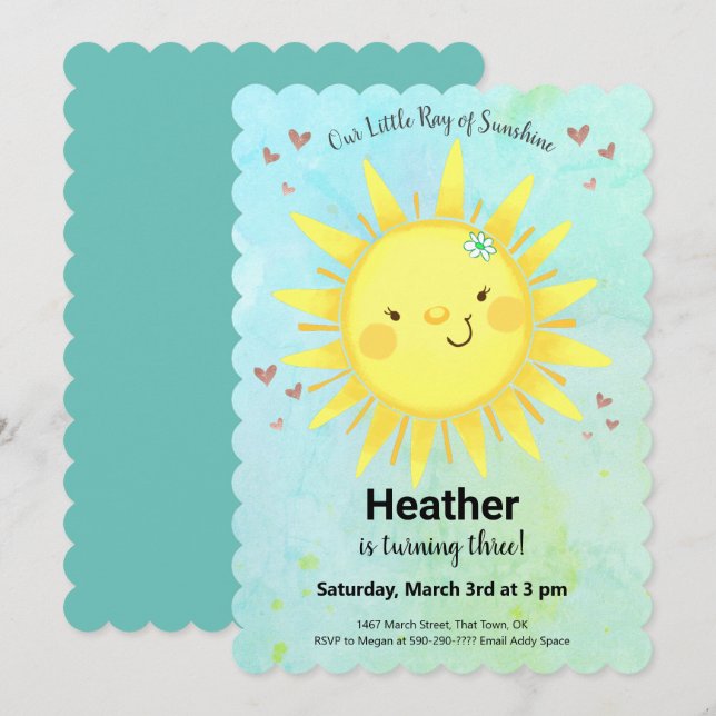 Invitation Cute Sunshine Girl Fête d'anniversaire (Devant / Derrière)