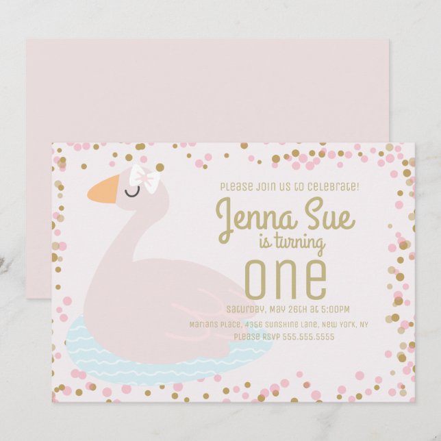 Invitation Cute Swan Rose Bow Confetti Filles Anniversaire (Devant / Derrière)