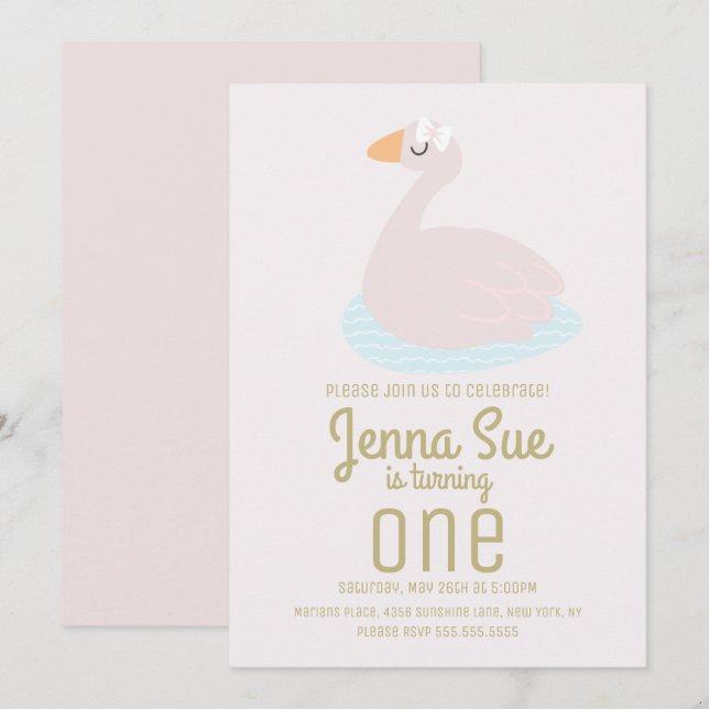 Invitation Cute Swan Rose Bow Girls Anniversaire (Devant / Derrière)