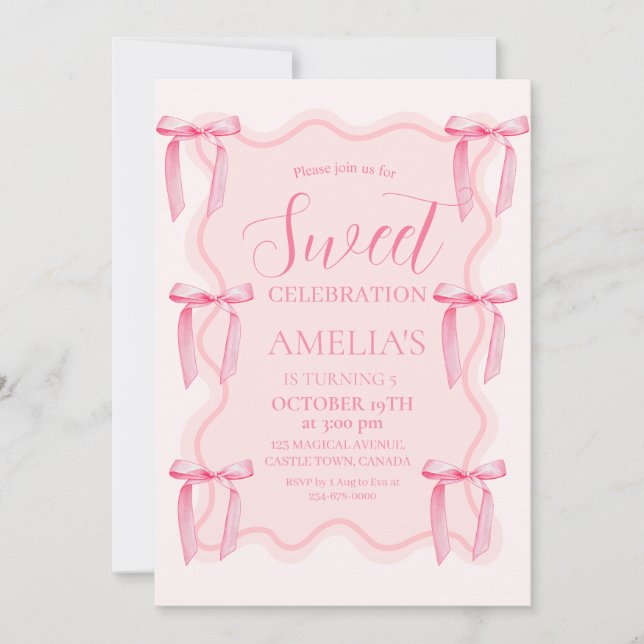 Invitation Cute Sweet Celebration Pink Bow 5e anniversaire (Devant)