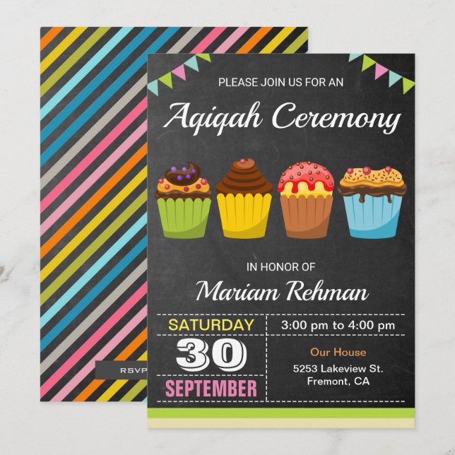 Invitation Cute Sweet Cupcake Aqeeqah | Cérémonie d'Aqiqah (Devant / Derrière)