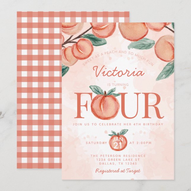 Invitation Cute Sweet Peach tournant QUATRE fête d'anniversai (Devant / Derrière)