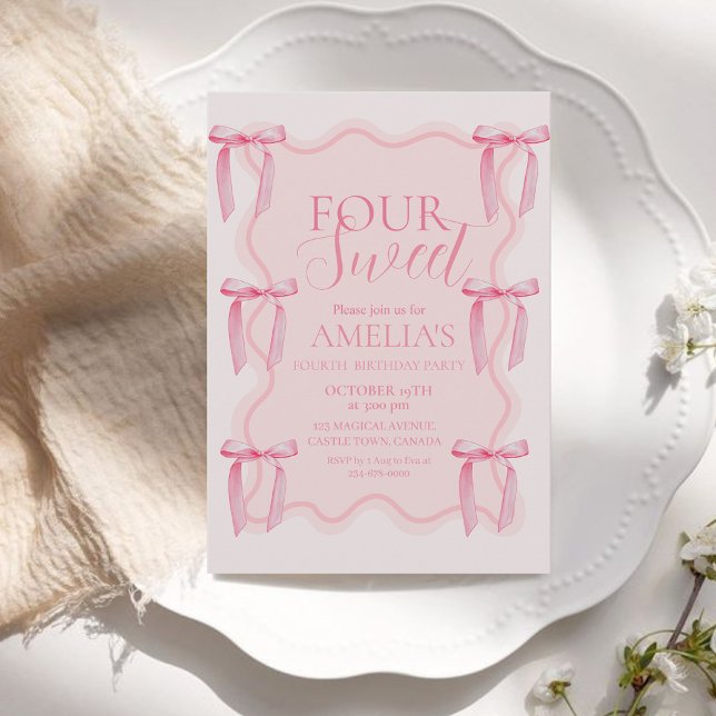 Invitation Cute Sweet Rose Bow 4e fête d'anniversaire (Créateur téléchargé)