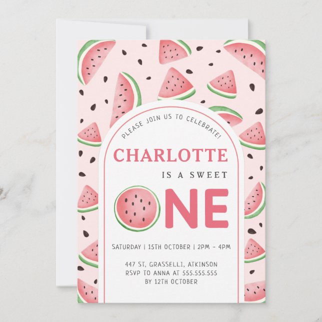 Invitation Cute Sweet Watermelon 1er Anniversaire Fête Rose (Devant)