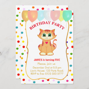 Invitation Cute Tabby Chat, Ballons et Confetti Anniversaire