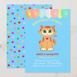 Invitation Cute Tabby Chat, Ballons et Confetti Anniversaire