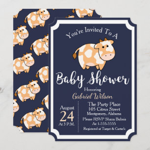 Invitation Cute Tan Baby Vache Veau et Baby shower bleu foncé