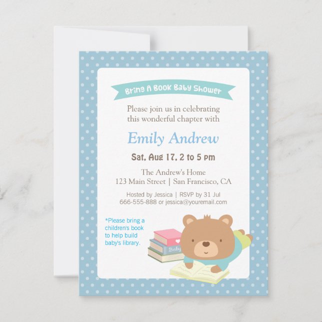 Invitation Cute Teddy Bear Apportez un Baby shower de livre (Devant)