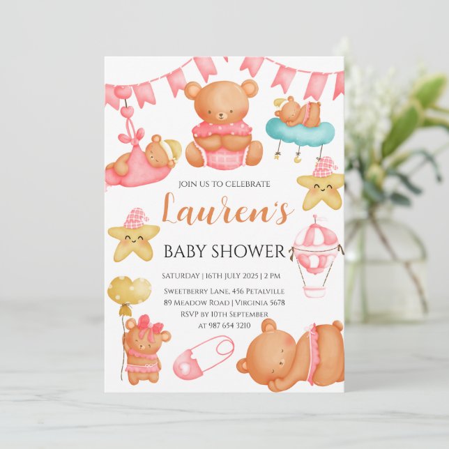 Invitation Cute Teddy Bear Baby Shower Pink Girl  (Debout devant)