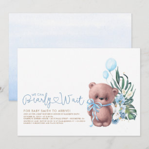 Invitation Cute Teddy Bear Bleu Bearly Wait Boy Baby shower