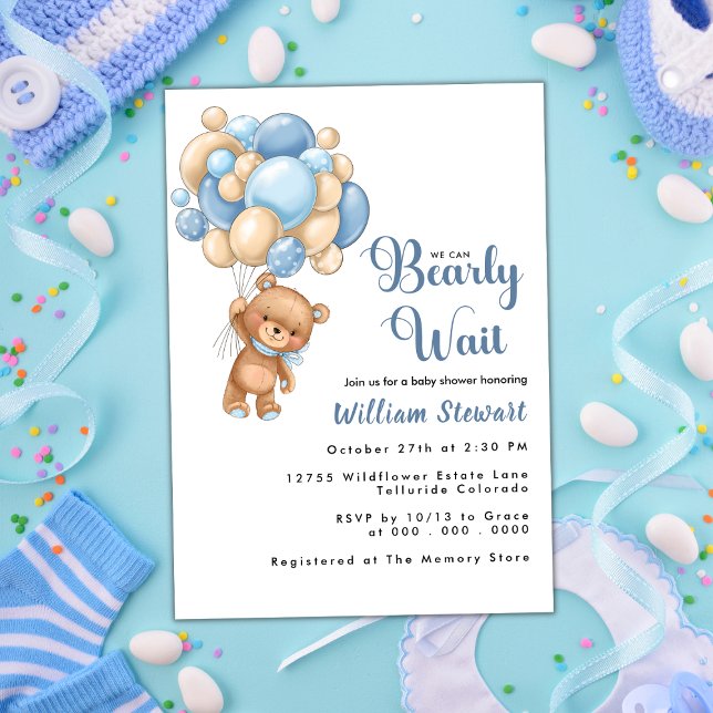 Invitation Cute Teddy Bear Blue Balloon Baby shower garçon (Créateur téléchargé)
