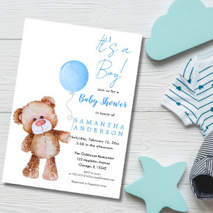 Invitation Cute Teddy Bear Blue Balloon Baby shower garçon