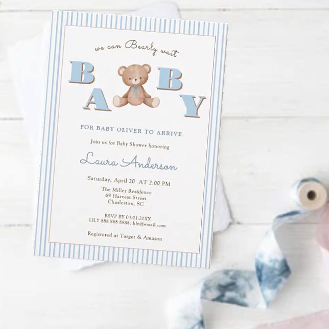 Invitation Cute Teddy Bear Blue Boy Baby shower (Créateur téléchargé)