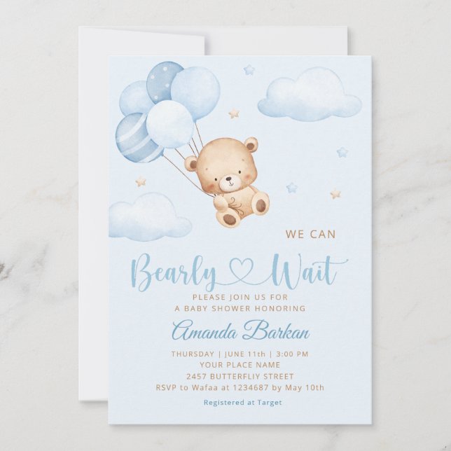 Invitation Cute Teddy Bear Boy Blue Bearly Wait Baby shower (Devant)