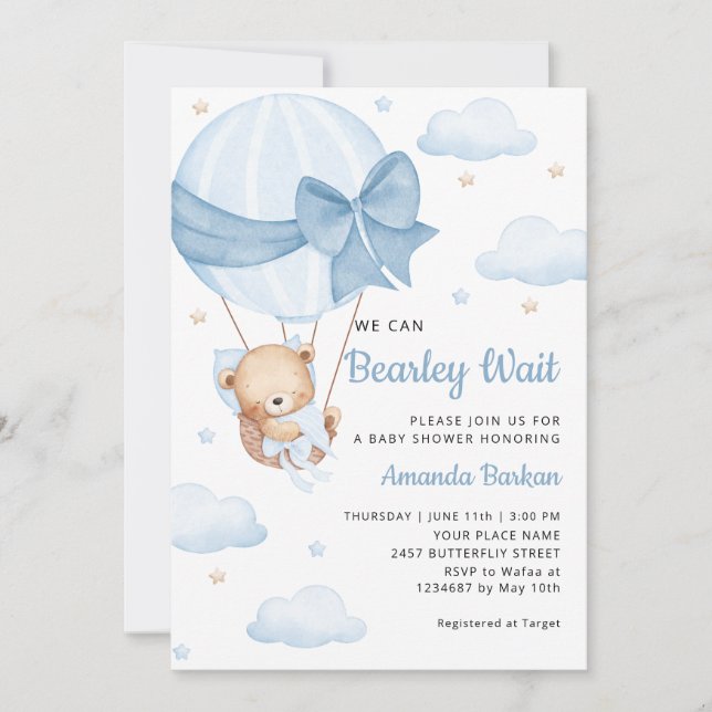 Invitation Cute Teddy Bear Boy Blue Bearly Wait Baby shower (Devant)