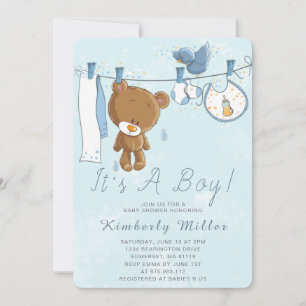 Invitation Cute Teddy Bear C'est un Garçon Bleu Clothesline