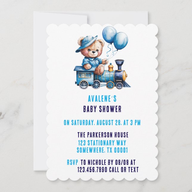 Invitation Cute Teddy Bear et Train Boy Baby shower (Devant)
