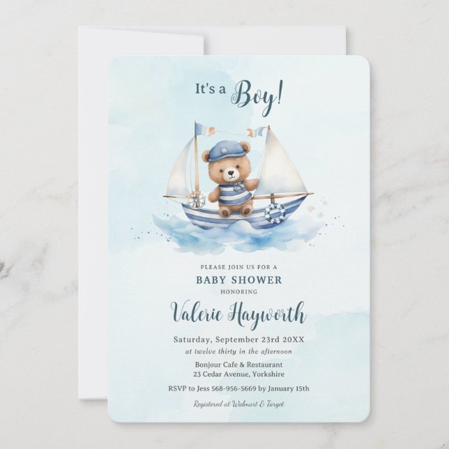 Invitation Cute Teddy Bear Nautical Boat Baby shower (Devant)