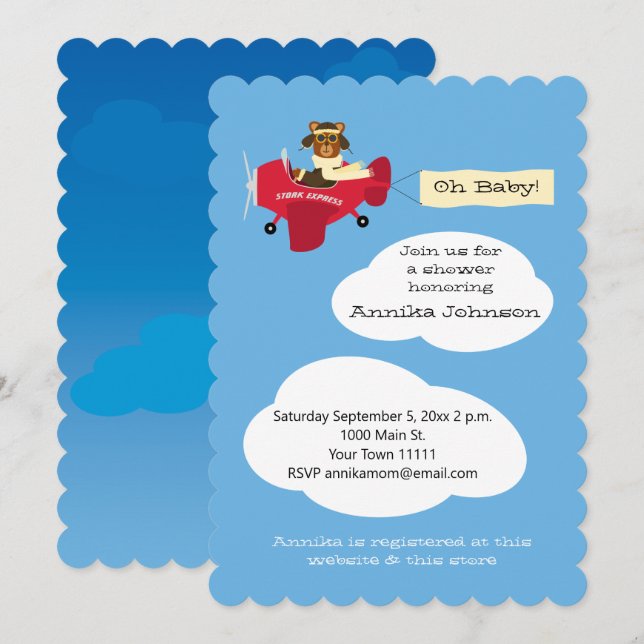 Invitation Cute Teddy Bear Pilote avion genre neutre (Devant / Derrière)