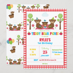 Invitation Cute Teddy Bear Pique-nique 1er Anniversaire Fête 