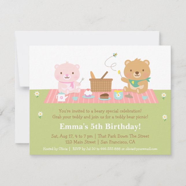 Invitation Cute Teddy Bear Pique-nique Anniversaire Fête Invi (Devant)