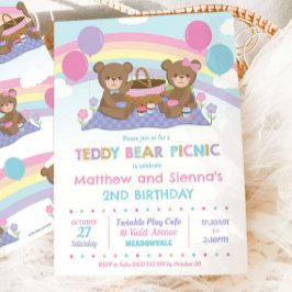 Invitation Cute Teddy Bear Pique-nique Anniversaire Jumeaux G