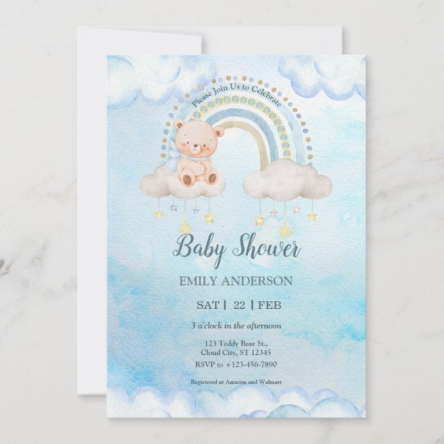 Invitation Cute Teddy Bear Raimbow Clouds (Devant)