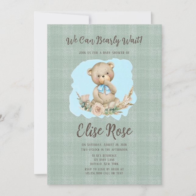 Invitation Cute Teddy Bear & Rose Laurel Boy Baby shower (Devant)