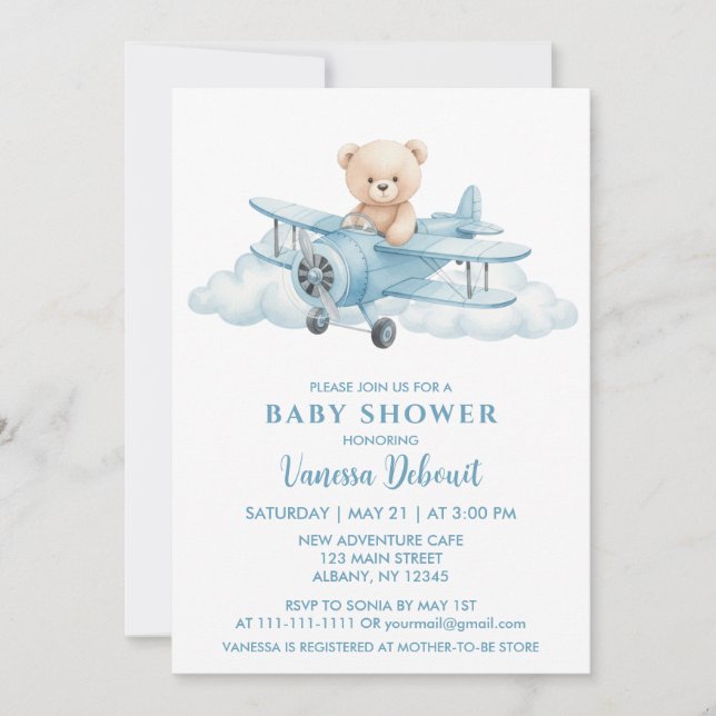 Invitation Cute Teddy Bear Sky Adventure Baby shower (Devant)